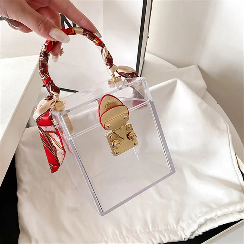New 2021 Trend Transparent Clear Jelly Acrylic Box Handbag For Women Elegant Evening Party Clutch Purse with Scarves Female