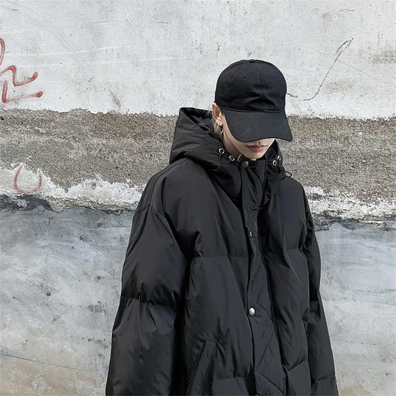 

High street winter coat for men women Korean solid thick hooded bread padded jacket stand collar warm zip-up button down coat