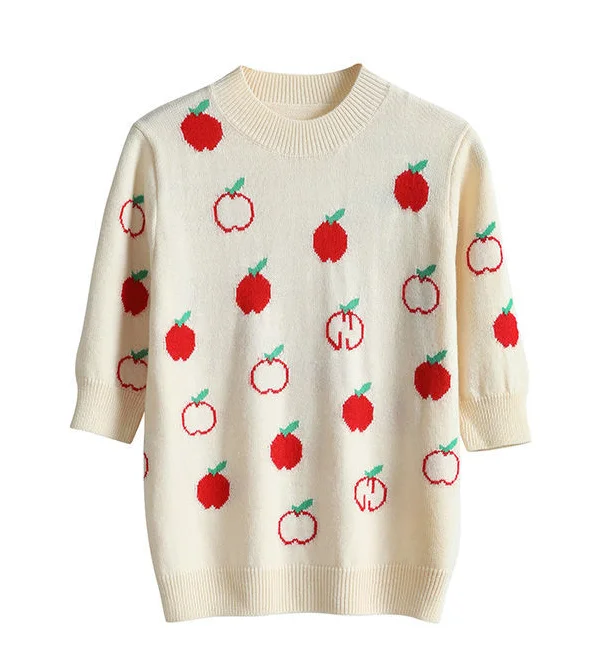 

2021summer New Apricot Color round Neck Hipster Apple Jacquard Elastic Knitted Short-Sleeved Shirt Sweater Women's sweater Top