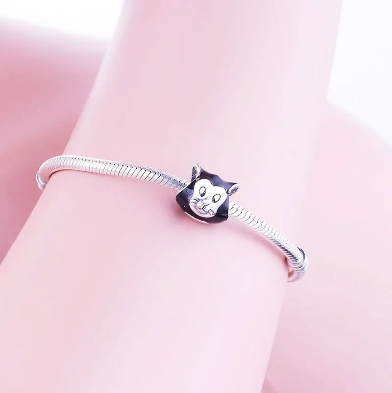 Бусина кошка Фигаро из серебра 100% пробы с черной эмалью подходит для