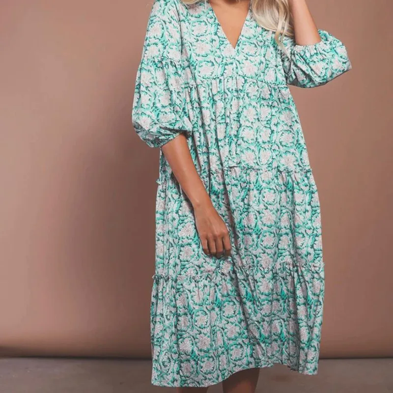 

ZA Women's Dress New Long Loose V Collar Print Half Sleeve Dress Temperament Show Thin All-match