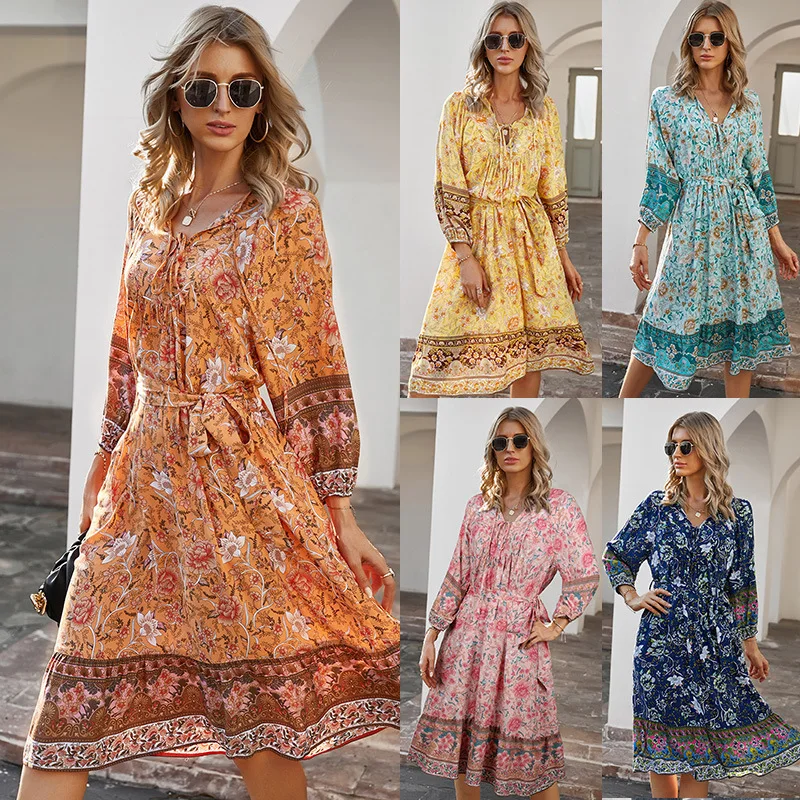 

Direct wholesale 2021 European and American women's Bohemian holiday style printed dress 7 sleeve A-line skirt