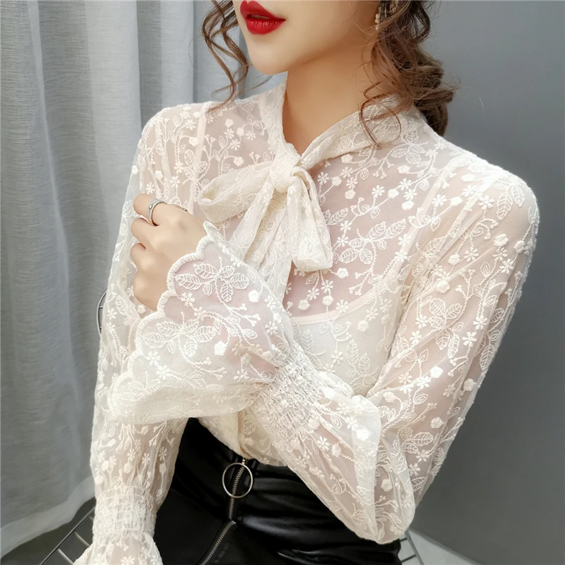 Женская прозрачная блузка с оборками кружевная сетчатая цветочным принтом