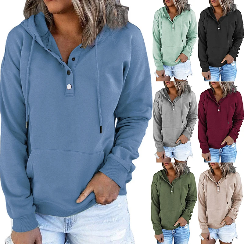 

Autumn Winter New Fashion Casual Long Sleeve Loose Hooded Sweatershirt 2021 High Street Solid Pocket Buttons Ladies Sweatershirt