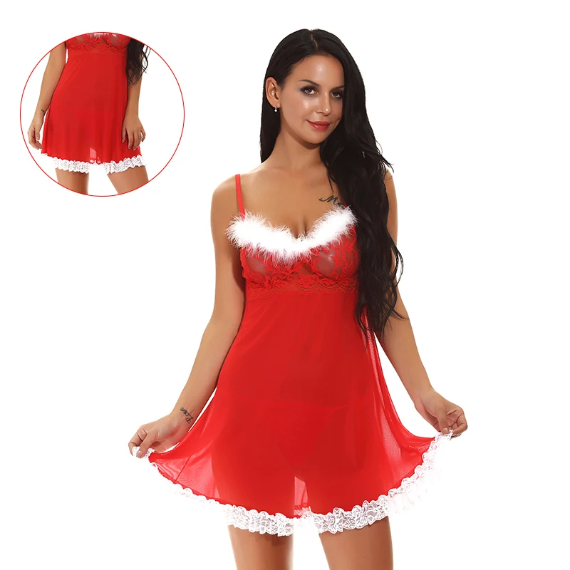 

Hot SAFENH Santa Sexy Lingerie Christmas Babydoll Chemises Halter Red Sleepwear Set Xmas Baby Doll Sexy Cosplay Costumes