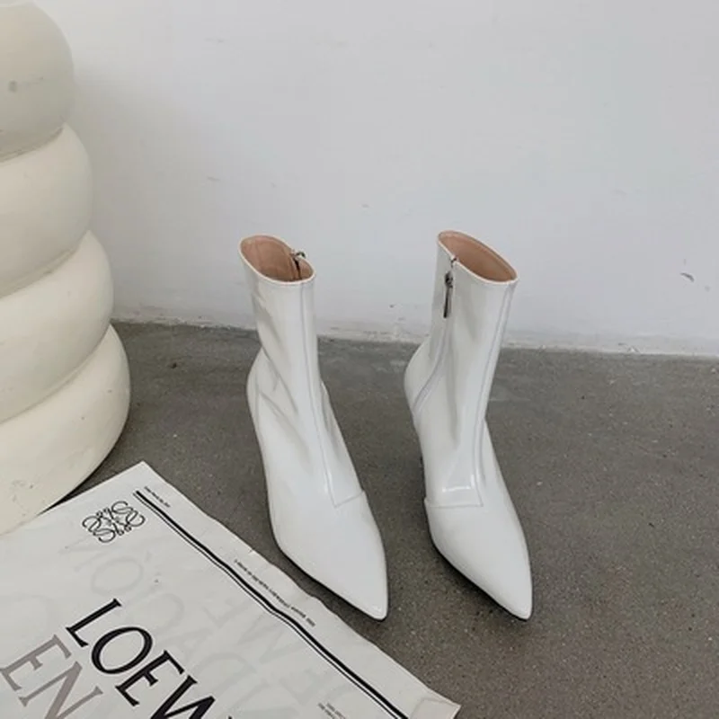 

Fashion Women Chelsea Boots Pointed Toe Martin Booties Patent Leather Thin High Heels Gray/Black/White Party Pumps Shoes Woman