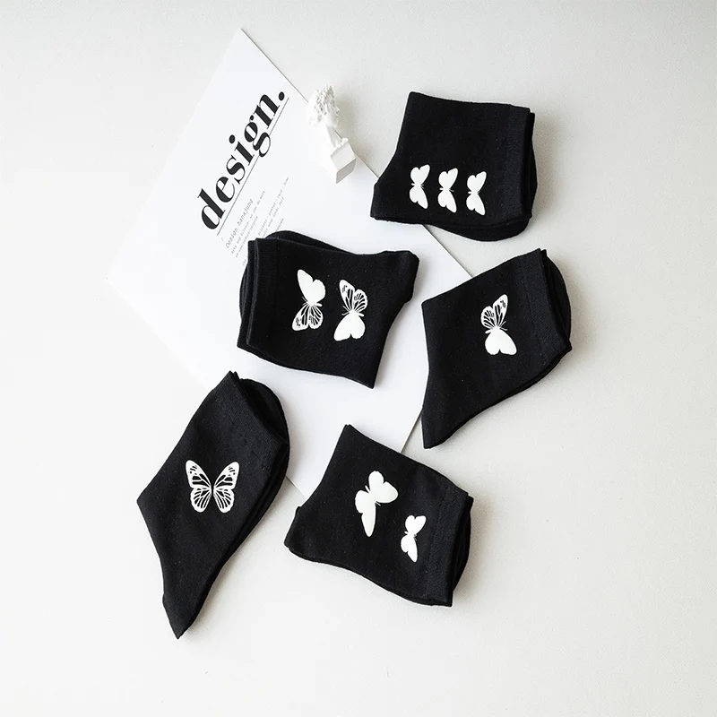 CARTELO New Solid Color Black Butterfly Pattern Women Sock Classic Fashion Cute Sport Breathable Cotton Stockings Носки женские