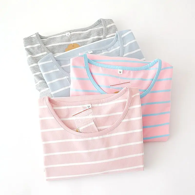 Летние ночные рубашки милые трикотажные хлопковые полосатые пижамы с короткими