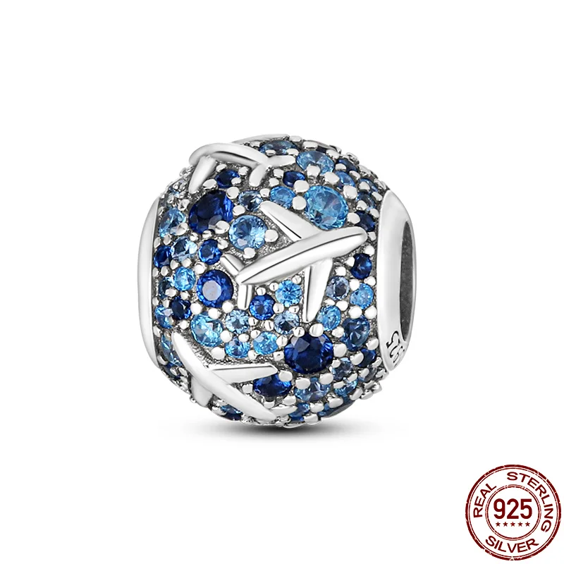 

2021 New 925 Sterling Silver Blue Pavé Aircraft Beads Fit Original Pandora Bracelet&Bangle Making Fashion DIY Jewelry