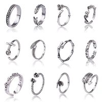 12pcs punk retro adjustable open ring set feather leaf personality knuckle finger fashion jewelry alloy rings for women men gift