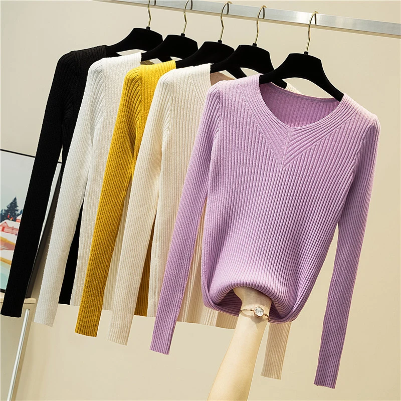 

Autumn Winter 2020 New Sweaters Women Chic V-Neck Slim Sweater Female Knitted Pullovers Long Sleeve Warm Basic Black Tops
