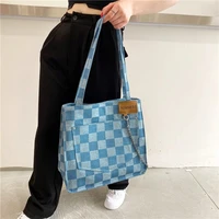 2021 plaid blue ladies shoulder canvas bags designer casual high capacity handbag for women high quality vintage chains tote bag