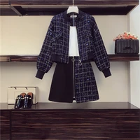 high quality baseball uniform tweed jacket suits 2020 new plaid woolen coat and color matching zipper a line skirts 2 piece set