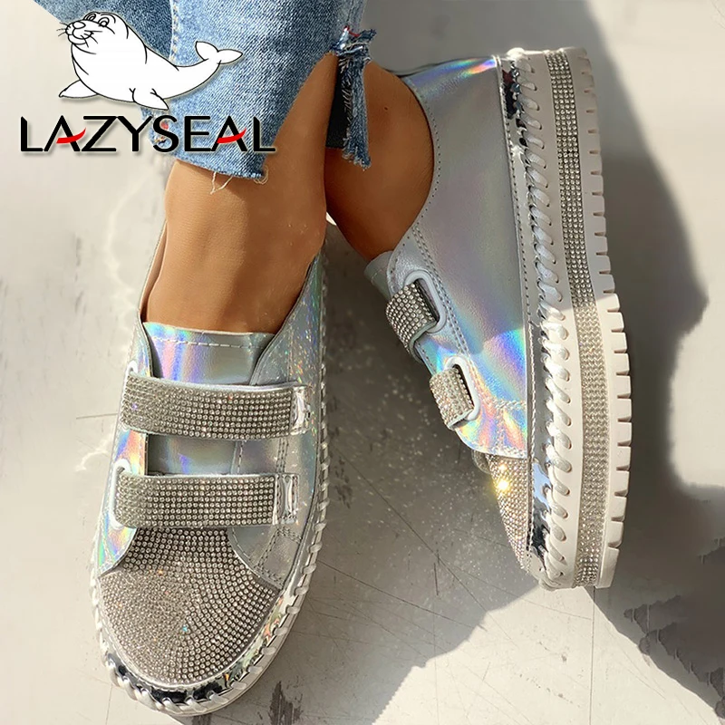 LazySeal Bling Women Rhinestone Casual Daily Magic Tape Sneakers Thick Botton Lazy Ladies Shoes Rhinestones Female Flat 2021 New