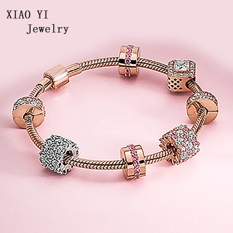 

XIAOYI 2020 new S925 rose-color the most popular pink white forever heart diy bracelet suitable for women high quality gifts