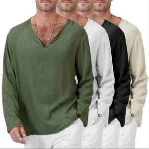 Cotton and linen ethnic loose men's V-neck solid color long sleeve men's T-shirt.