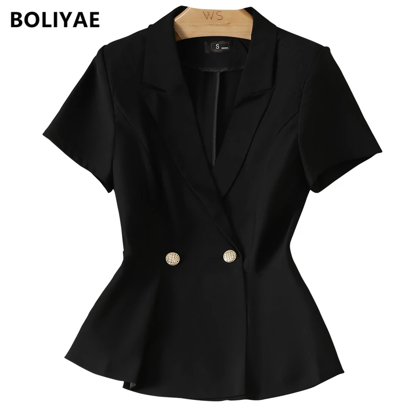 Boliyae Fashion Woman Short Sleeve Suit Jacket Office Work Black Blazers for Ladies Summer Slim Fit Formal Tops Jackets Female