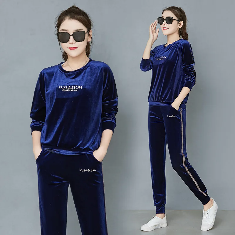 Blue long small feet Осенняя и зимняя женская куртка спортивная модная повседневная мягкая велюровая Толстовка комплект из 2 предметов пуловер с длинными рукавами спортивные костюмы - Цвет: Blue long small feet