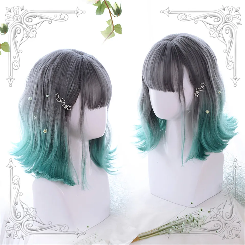 

LM Gray Gradient Green Wave Synthetic Wigs For Women White Wigs With Bangs Long Cosplay Lolita Party Natural Hair