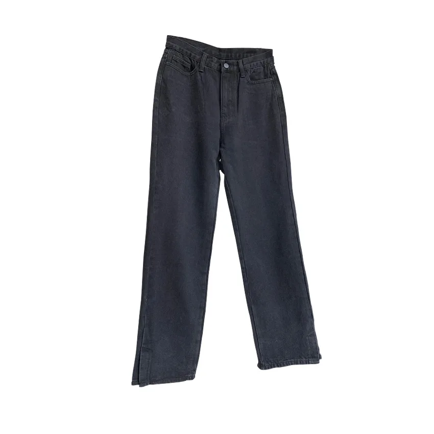 

[DEAT] Cashmere High Waist Button Fly Solid Color Straight Split Jeans Mall Goth Y2k Clothes Casual Style 2021 Spring GX357