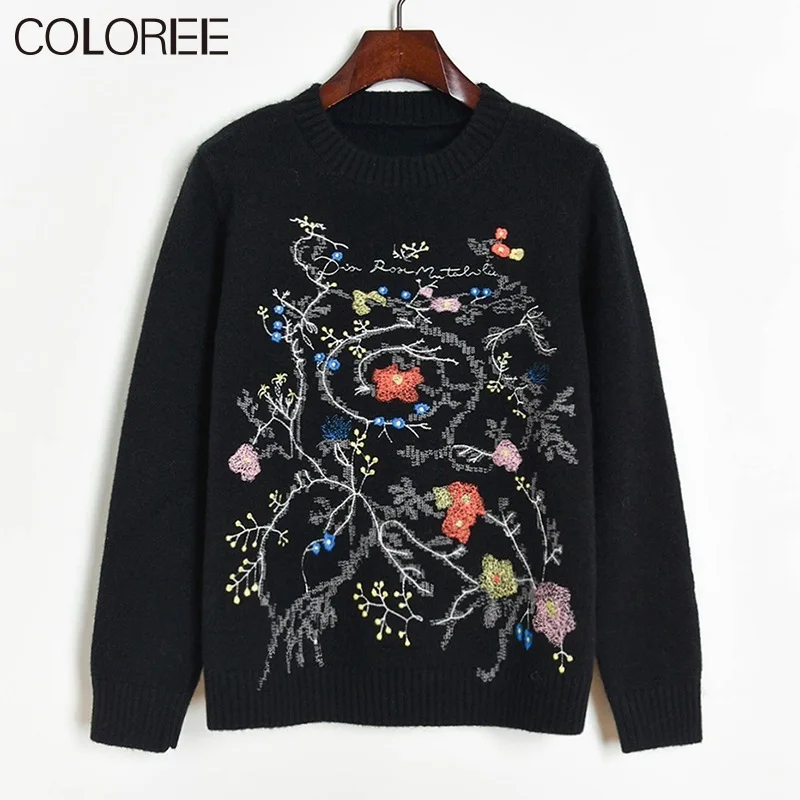 

Runway Designers Floral Embroidery Woman Sweaters 2021 O-neck Long Sleeve pull femme hiver Overszied Knitted Sweater