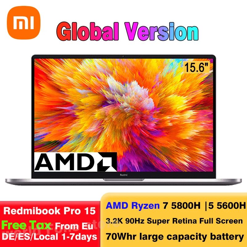 Ноутбук Xiaomi Mi Redmibook Pro 15, Ryzen Edition с Ryzen7 5800H /R5 5600H, 15,6 дюйма, 3,2 K, 90 Гц, дисплей, 16 ГБ ОЗУ, 512 ГБ, ноутбук