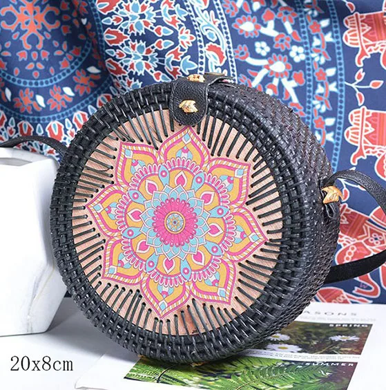 black I 20X8cm Солнечный пляж, ручные тканые сумки, круглая сумка с пряжкой, Ротанговые соломенные сумки, ранец, богемная пляжная круглая сумка - Цвет: black I 20X8cm