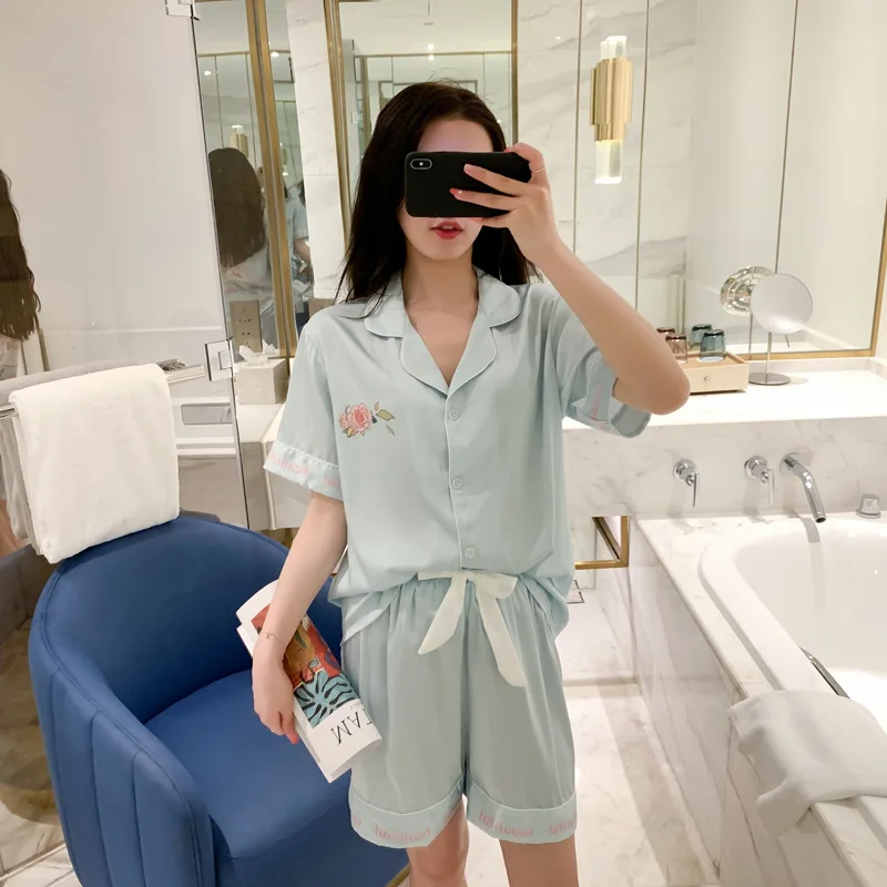 

Soft Silk Rayon Nightwear Summer New Pajamas Set For Women Sexy SleepwearPyjama Pour Femme Print Flower Loungewear Pijamas Suit