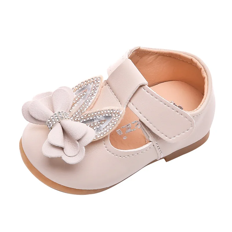 

COZULMA Baby Children Girls Rhinestone Rabbit Ear Casual Shoes Kids Autumn Elegant T-Strap Hook & Loop Flat Shoes Size 15-25
