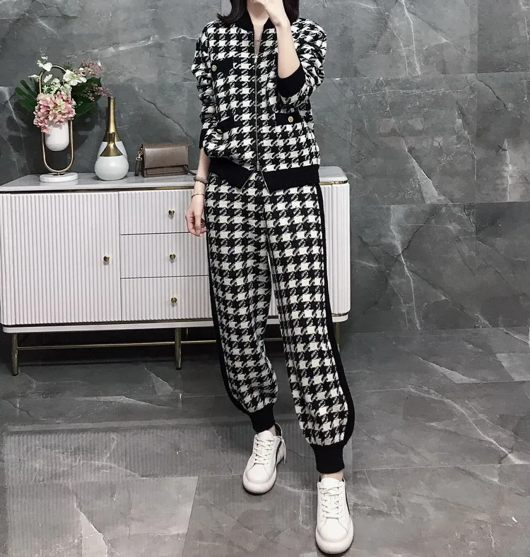 

black white houndstooth knitted 2 piece set sweater cardigans harem pants suit autumn winter women tracksuit loose CBAFU F878