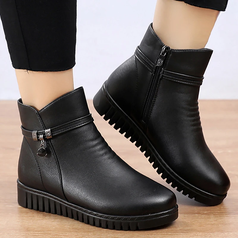 Ankle boots for women String Bead Winter Plush Warm Split leather Women Boots Female Zip Shoes Plus Size 41|Женские полусапожки| |