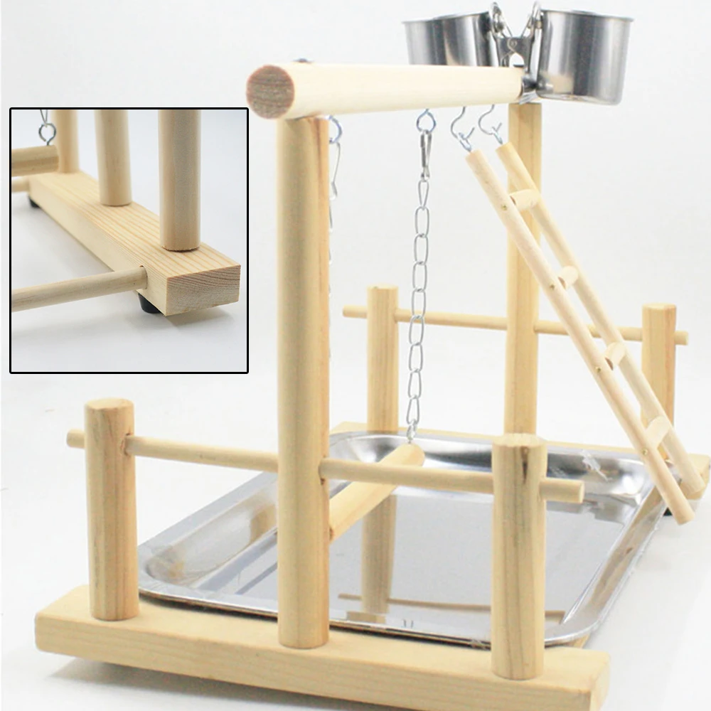 

New Wood Bird Stand Parrot Perch Portable Stainless Steel Training Bird Supplies Bird Swing Tray With Cup Bird Play Perch Rack