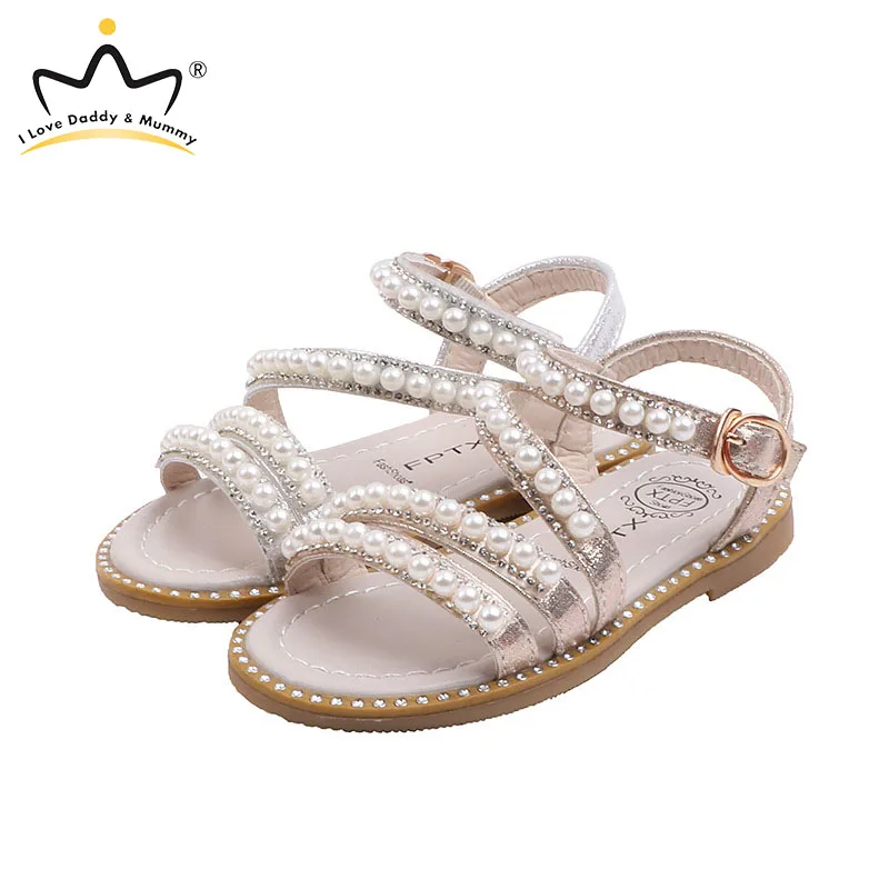 Кожаные сандалии для девочек летняя детская обувь с блестящими жемчужинами
