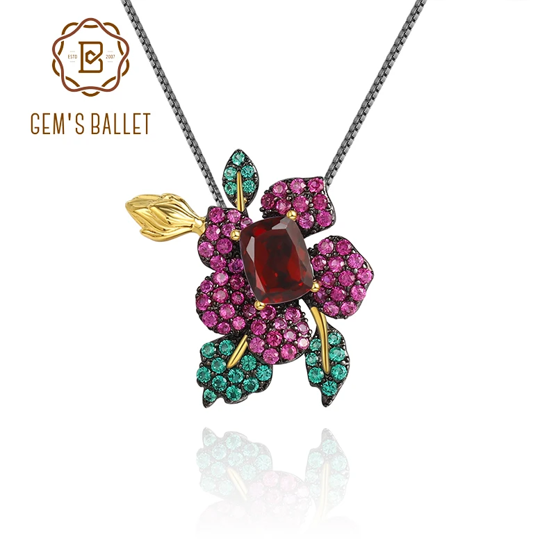 

GEM'S BALLET 925 Sterling Silver Secret Garden Necklace Natural Red Garnet Gemstone Handmade Flower Pendant Necklace For Women