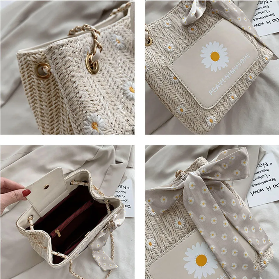 

2021 Large Capacity Casual Weave Shopping Tote Women Fashion Daisy Shoulder Crossbody Bag Ladies Handbags Totes Messenger Bags