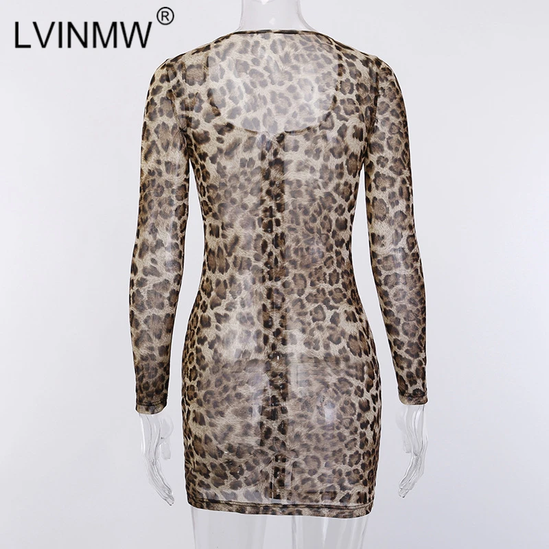 LVINMW сексуальное Сетчатое мини-платье с леопардовым принтом и пуговицами из