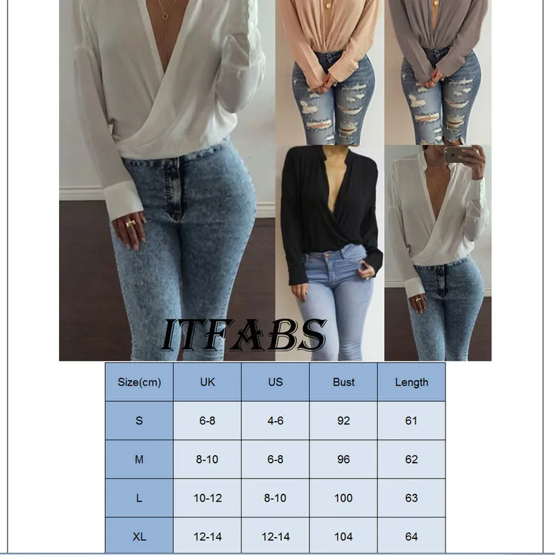 Womens Blouse Shirt Long Sleeve Stand Collar Solid Color Loose Chiffon Cardigan Deep V Neck Fashion Office Shirts Autumn | Женская