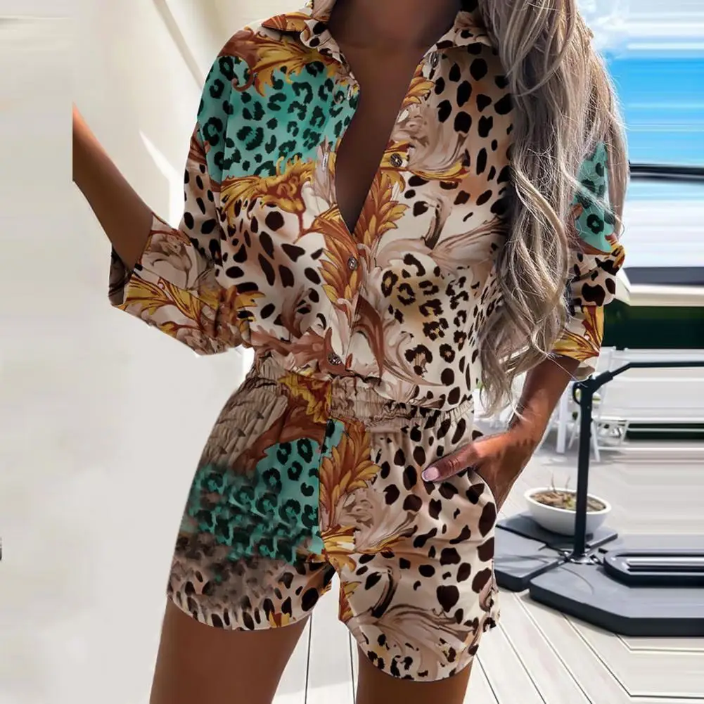 

Two Piece Sets Fabulous Leopard Print Women Outfits Colorful Top Suit Buttons for Home