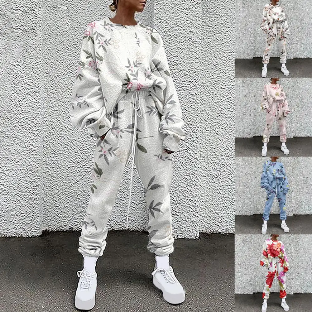 

2021 Loose Tracksuits Women 1Set Top Pants Set Tie Dye Floral Print Women Round Neck Pullover Drawstring Pants Sports Suits