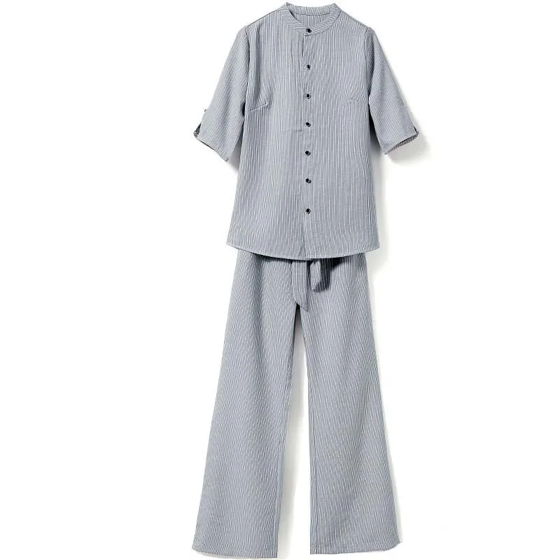 Loose Chiffon Blouse+Straight Pants 2pcs Suits Summer Woman Business Suit Office Work Women Slim Stand Collar |