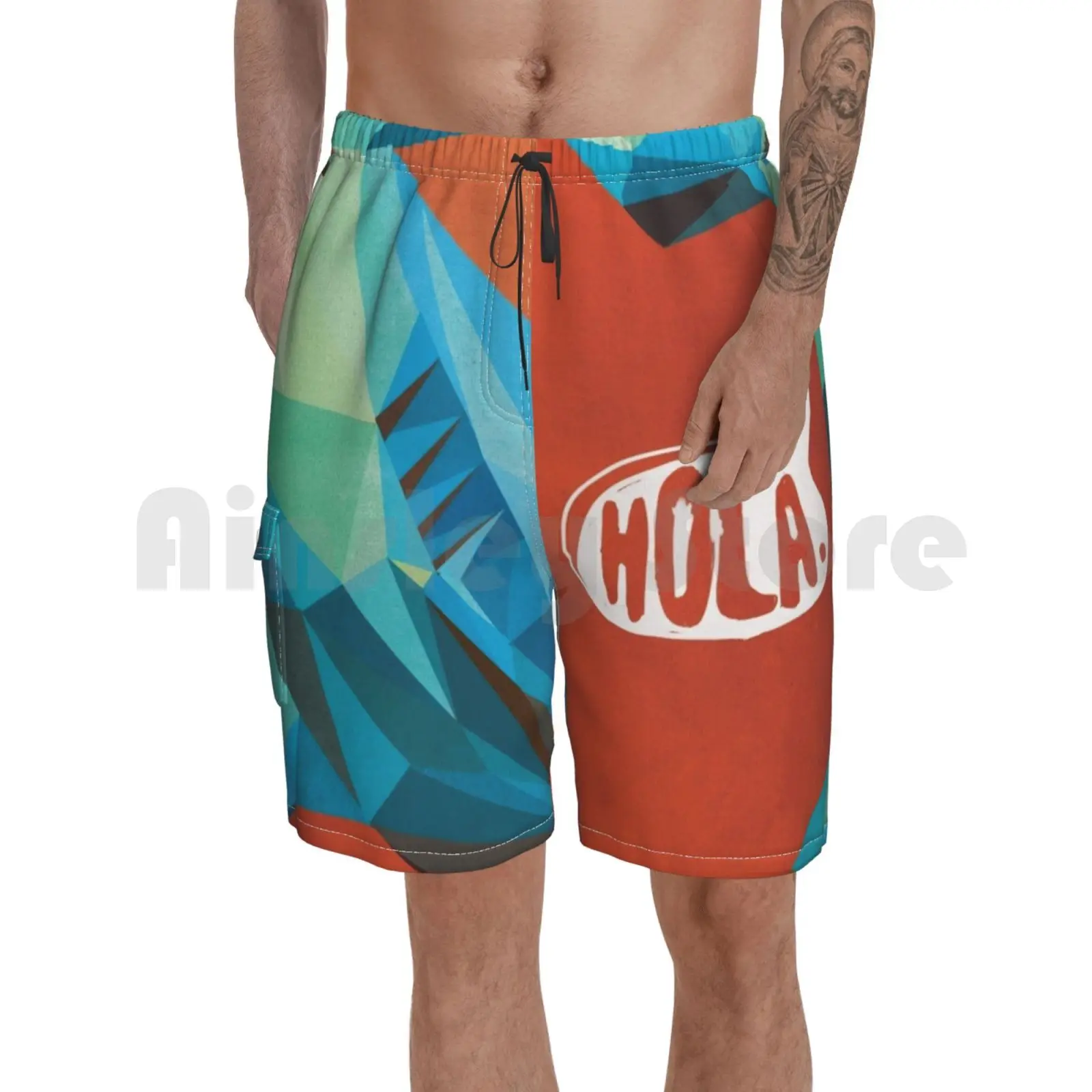 

Hola. Beach Shorts Men Beach Pants Swimwear Ocean Sea Hammerhead Shark Geometric Bright Mexican Spanish Creature