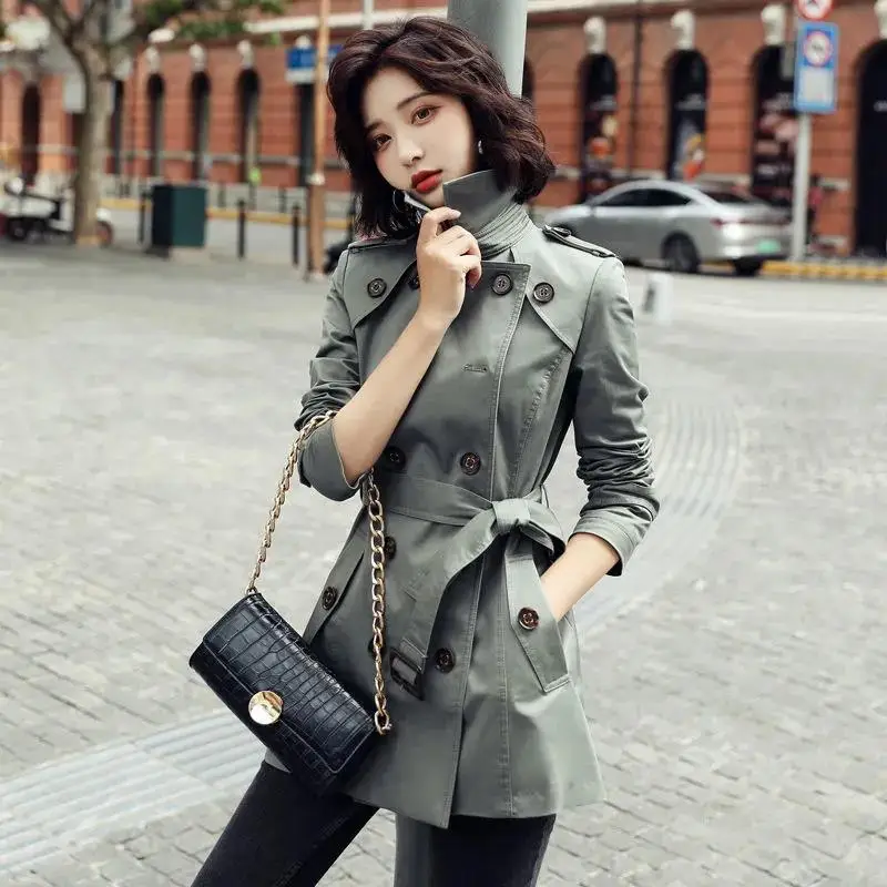 

Women Jacket Double breasted Chic Windbreaker belt fashion mid-length jackets short coat Female 2021 new spring autumn Outwear