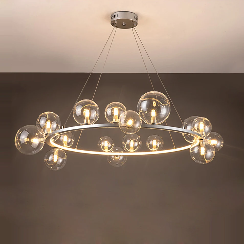 Lámpara LED con burbujas de cristal para decoración artística, lámpara de araña redonda de plata y negro, luminaria de suspensión para comedor