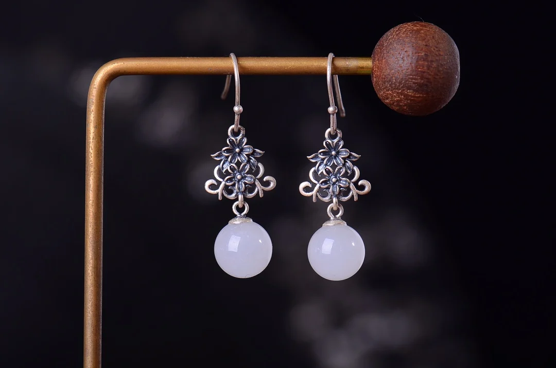 

7209-3# S925 Silver Natural Nephrite Cheongsam Party Earrings Gemstone
