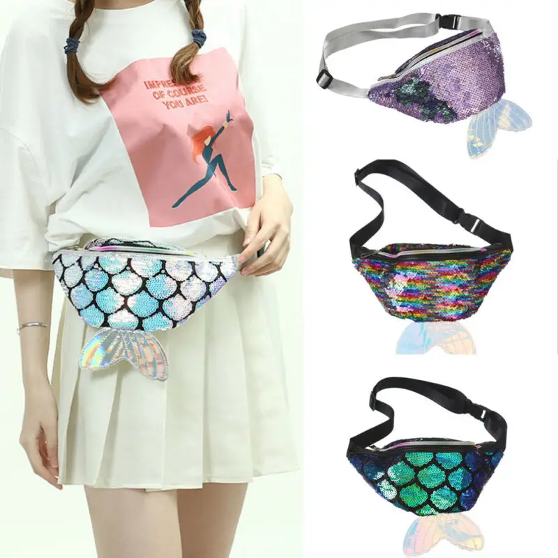 Забавная Женская поясная сумка с цветными пайетками нагрудной мешок на плечо