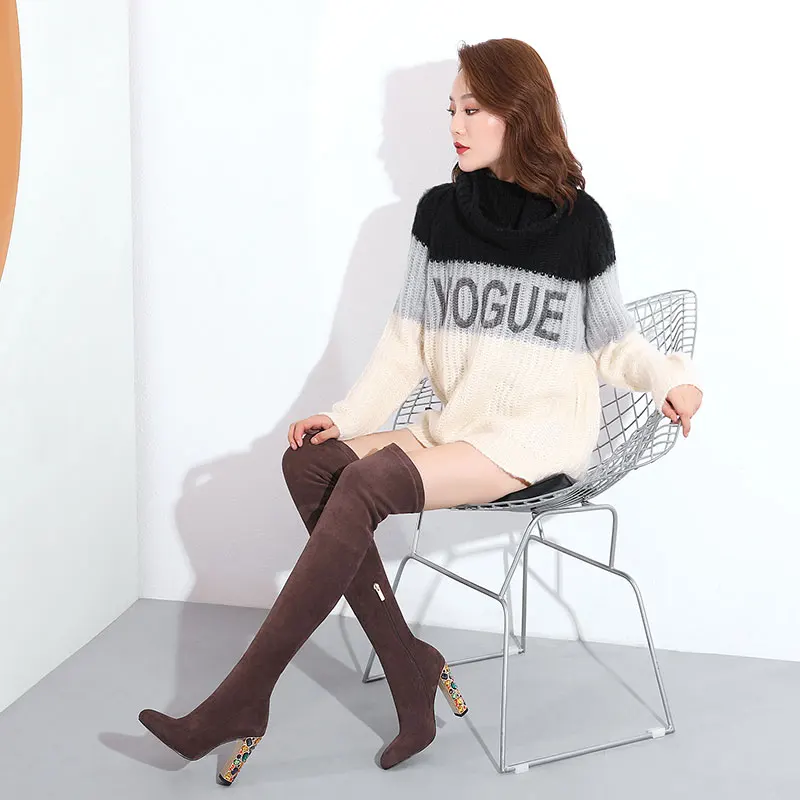 Эластичные сапоги выше колен на очень высоком каблуке с круглым носком 10 см