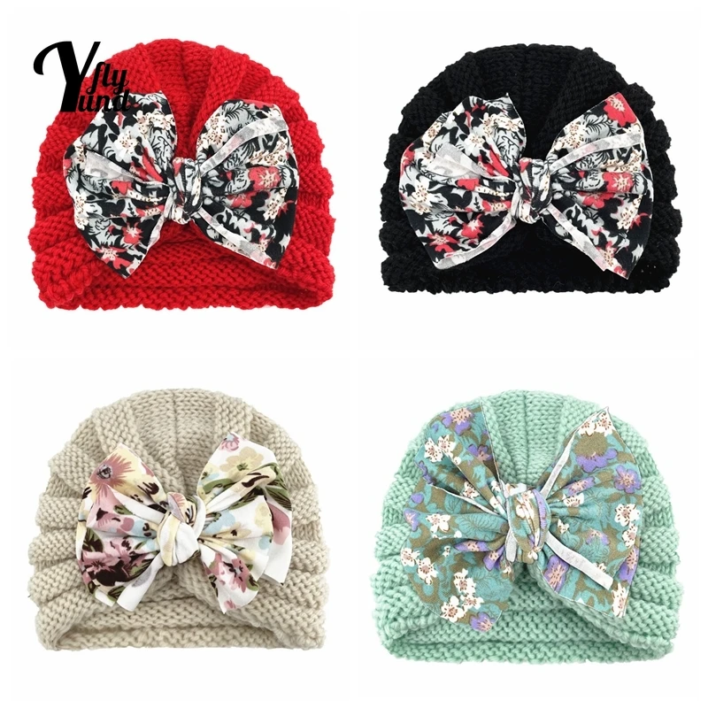 Yundfly estampado Vintage Bowknot sombreros de beb&eacute; del oto&ntilde;o y el invierno de la moda caliente tejer gorras de lana de los ni&ntilde;os sombreros Ropa Decoraci&oacute;n-0