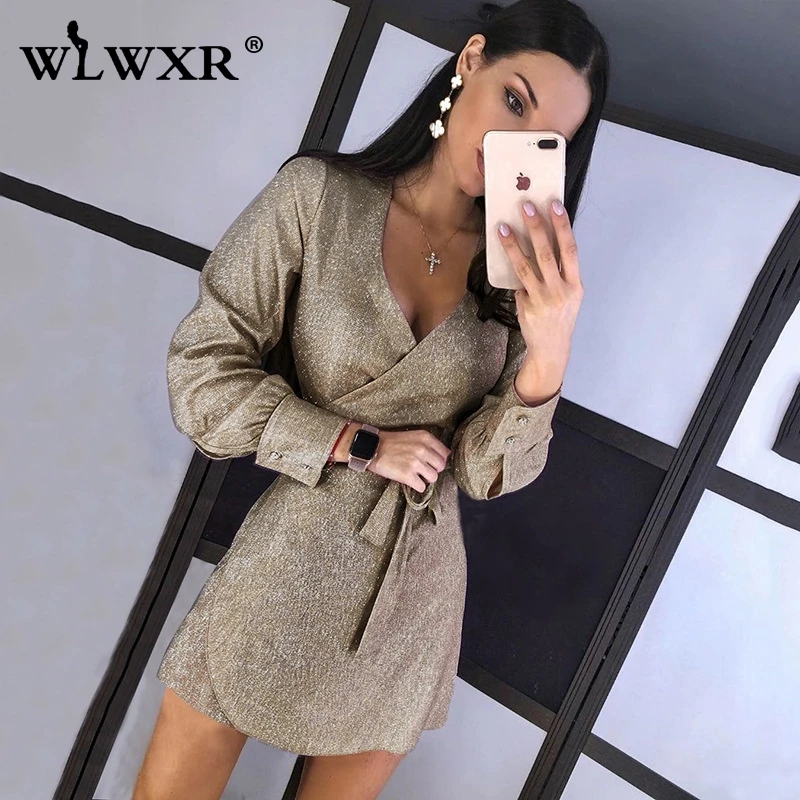 WLWXR блестящее Золотое сексуальное облегающее мини платье для женщин с v образным