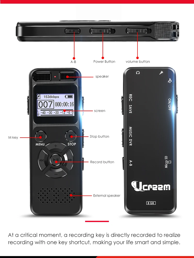 Скрытый цифровой диктофон MP3 Hi Fi стерео 1536KPS WAV устройство записи серого цвета с