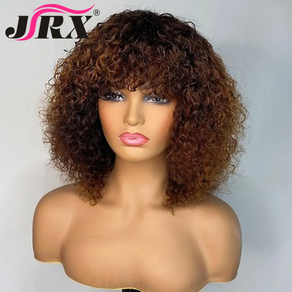 

Honey Blonde Jerry Curly Human Hair Wigs with Bangs Short Bob Curly Full Machine Made Wigs for Women Brazilian Remy Fringe Wig